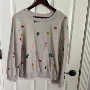 Old Navy Cream and Green Crew Neck Sweater with Festive Motifs